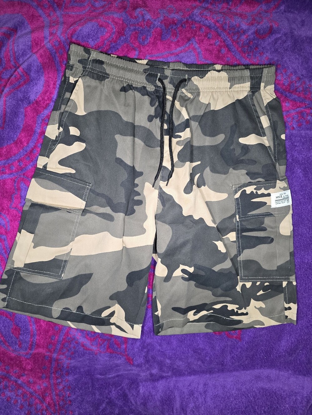 NWOT HKS by Boris-Lightweight Cargo Shorts-Mens MEDIUM-Army Green/Black/Tan Camo